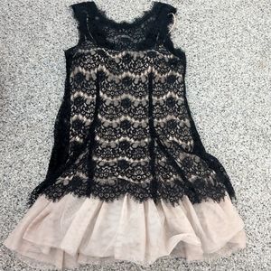 Betsy and Adam Designer Black Lace w Nude Slip and Crinoline Tulle Flared Dress